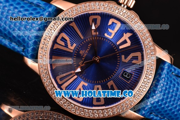 Blancpain Women Ladybird Ultraplate Miyota 9015 Automatic Rose Gold Case with Diamonds Bezel and Blue Dial (G5) - Click Image to Close