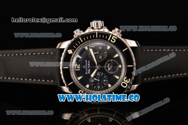BlancPain Fifty Fathoms Chronograph Flyback Calibre F185 Swiss Valjoux 7750 Automatic Steel Case with Black Dial Stick Markers and Black Sail-Canvas Strap - Click Image to Close