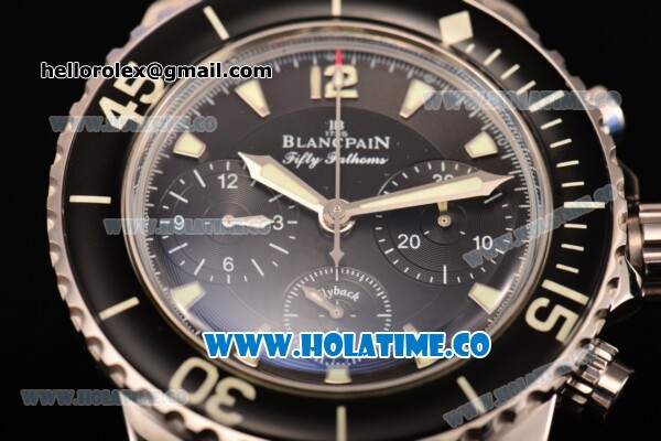 BlancPain Fifty Fathoms Chronograph Flyback Calibre F185 Swiss Valjoux 7750 Automatic Steel Case with Black Dial Stick Markers and Black Sail-Canvas Strap - Click Image to Close