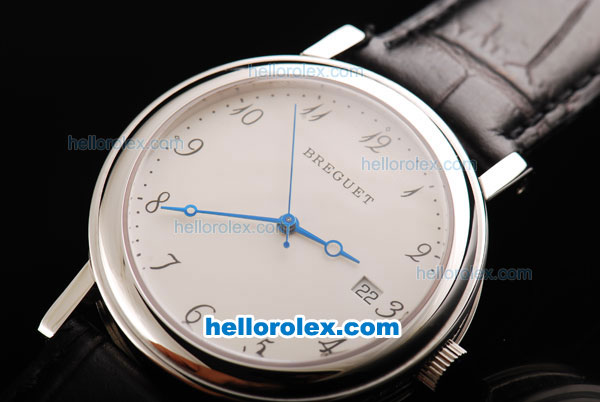 Breguet Swiss ETA 2836 Automatic Movement Steel Case with Steel Bezel-White Dial and Black Leather Strap - Click Image to Close
