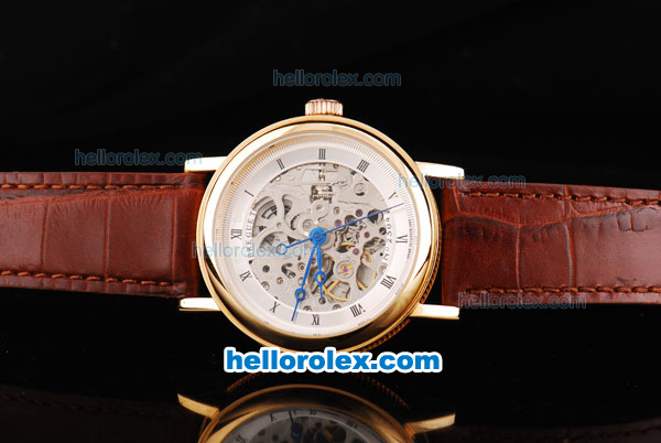 Breguet Skeleton Automatic Movement Rose Gold Case with White Dial and Black Rome Numeral Marker-Brown Leather Strap - Click Image to Close
