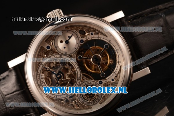 Breguet Classique Complications Swiss Tourbillon Manual Winding Steel Case with Skeleton Dial and Black Leather Strap - Click Image to Close