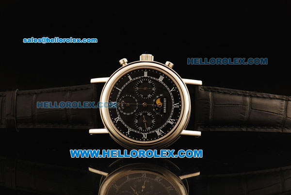 Breguet Moon Phase Lemania Manual Winding Working Chronograph Steel Case with Black Dial and Leather Strap - Click Image to Close