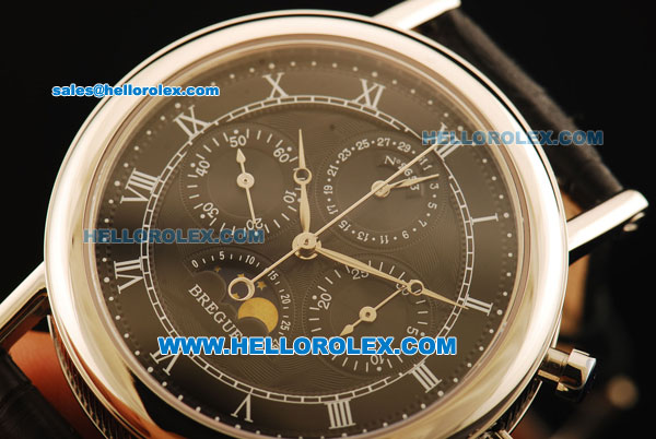 Breguet Moon Phase Lemania Manual Winding Working Chronograph Steel Case with Black Dial and Leather Strap - Click Image to Close