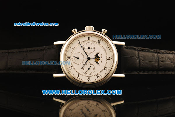 Breguet Moon Phase Lemania Manual Winding Working Chronograph Steel Case with White Dial and Black Leather Strap - Click Image to Close