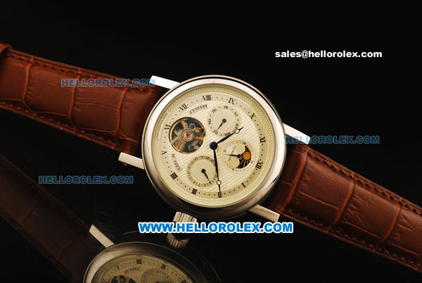 Breguet Tourbillon Automatic Movement Beige Dial with Black Roman Markers and Brown Leather Strap - Click Image to Close