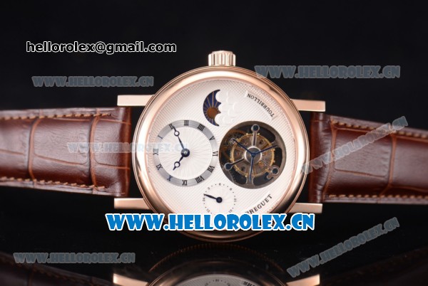 Breguet Grand Complication Moon Phase Tourbillon Swiss Tourbillon Manual Winding Rose Gold Case with White Dial Roman Markers and Brown Leather Strap - Click Image to Close