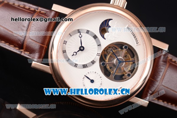 Breguet Grand Complication Moon Phase Tourbillon Swiss Tourbillon Manual Winding Rose Gold Case with White Dial Roman Markers and Brown Leather Strap - Click Image to Close