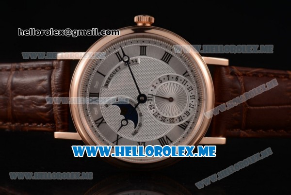 Breguet Classique Moonphase Miyota 9015 Automatic Rose Gold Case with Silver Dial Brown Leather Strap and Roman Numeral Markers (EF) - Click Image to Close