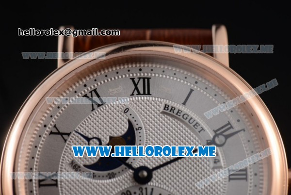 Breguet Classique Moonphase Miyota 9015 Automatic Rose Gold Case with Silver Dial Brown Leather Strap and Roman Numeral Markers (EF) - Click Image to Close