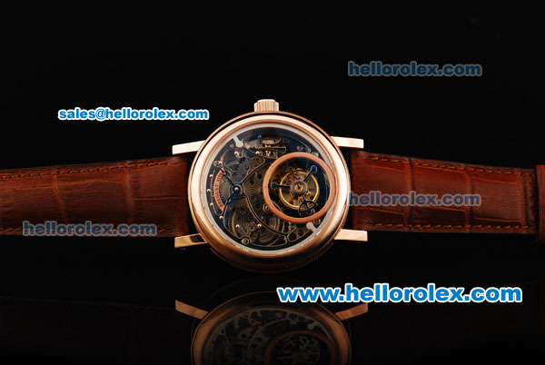 Breguet Skeleton Swiss Tourbillon Manual Winding Movement Rose Gold Case with Blue Hands and Brown Leather Strap - Click Image to Close