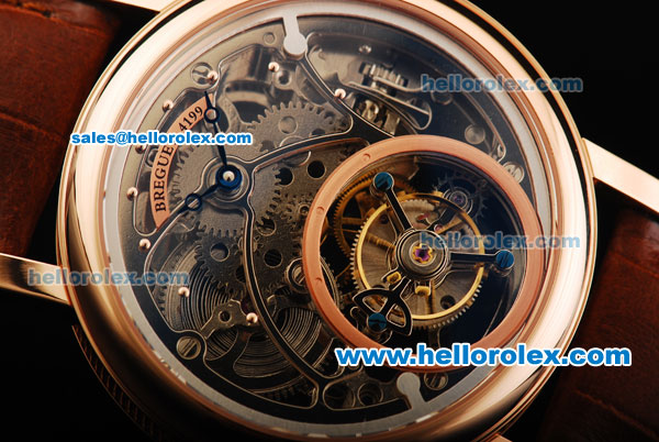 Breguet Skeleton Swiss Tourbillon Manual Winding Movement Rose Gold Case with Blue Hands and Brown Leather Strap - Click Image to Close