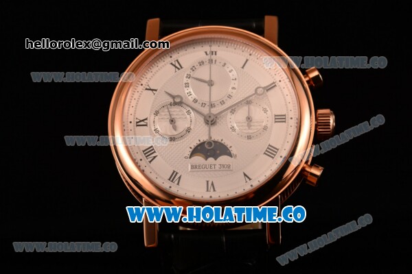 Breguet Grande Complication Moon Phase Chrono Venus 7750 Manual Winding Rose Gold Case with White Dial Black Leather Strap and Roman Numeral Markers (GF) - Click Image to Close