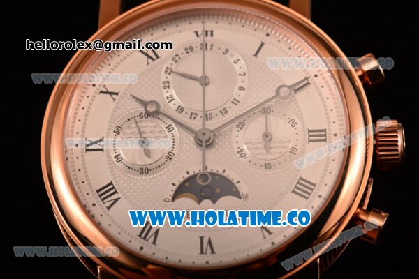 Breguet Grande Complication Moon Phase Chrono Venus 7750 Manual Winding Rose Gold Case with White Dial Black Leather Strap and Roman Numeral Markers (GF) - Click Image to Close