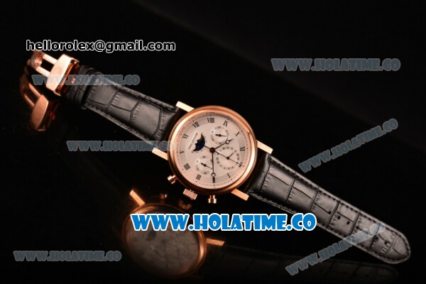 Breguet Grande Complication Moon Phase Chrono Venus 7750 Manual Winding Rose Gold Case with White Dial Black Leather Strap and Roman Numeral Markers (GF) - Click Image to Close