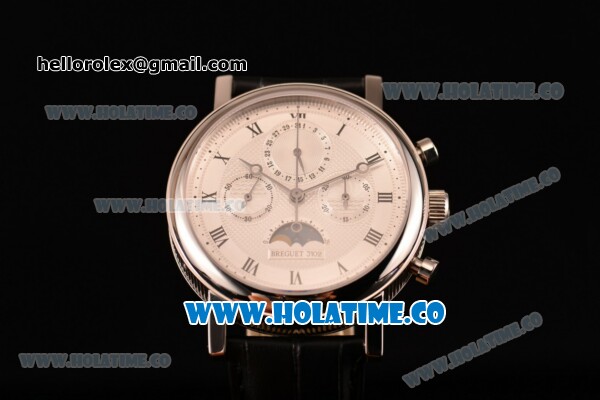 Breguet Grande Complication Moon Phase Chrono Venus 7750 Manual Winding Steel Case with White Dial Black Leather Strap and Roman Numeral Markers (GF) - Click Image to Close