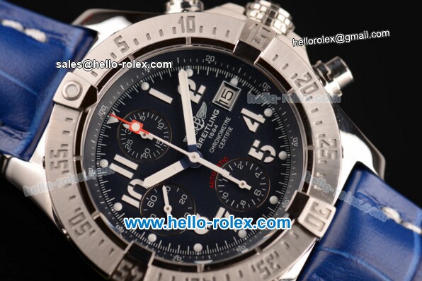 Breitling Avenger Skyland Chrono Swiss Valjoux 7750-SHG Automatic Steel Case with Blue Leather Strap and Blue Dial - Click Image to Close