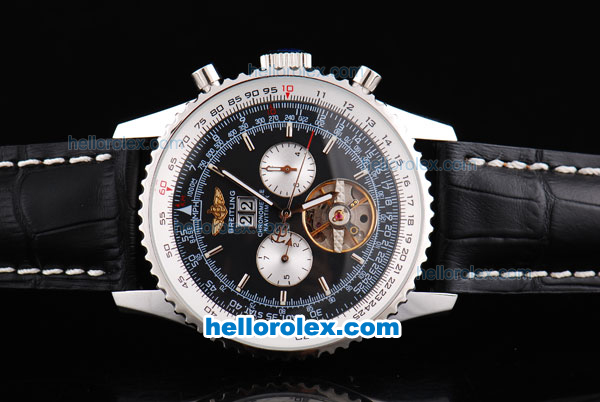 Breitling Navitimer Tourbillon Automatic Movement Black Dial with Silver Stick Marking and Black Leather Strap - Click Image to Close