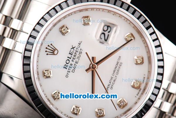 Rolex Datejust Oyster Perpetual Automatic Movement ETA Case with Black Ruby Bezel-White Dial and Diamond Markers - Click Image to Close