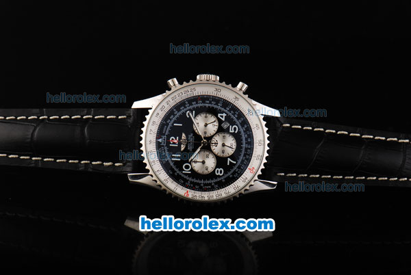 Breitling Navitimer Chronograph Quartz Movement Silver Case with Black Dial and Black Leather Strap - Click Image to Close