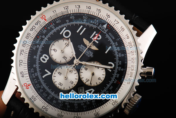 Breitling Navitimer Chronograph Quartz Movement Silver Case with Black Dial and Black Leather Strap - Click Image to Close