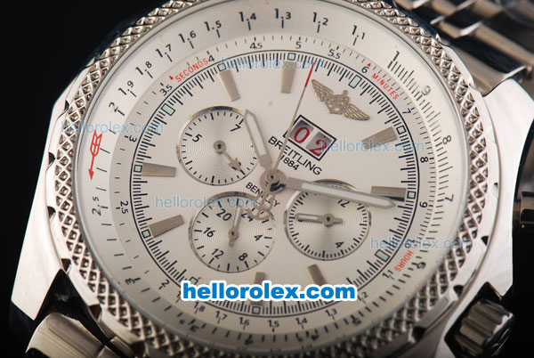 Breitling Bentley 6.75 Big Date Automatic Movement Full Steel with White Dial - Silver Stick Markers and Red Date - Click Image to Close