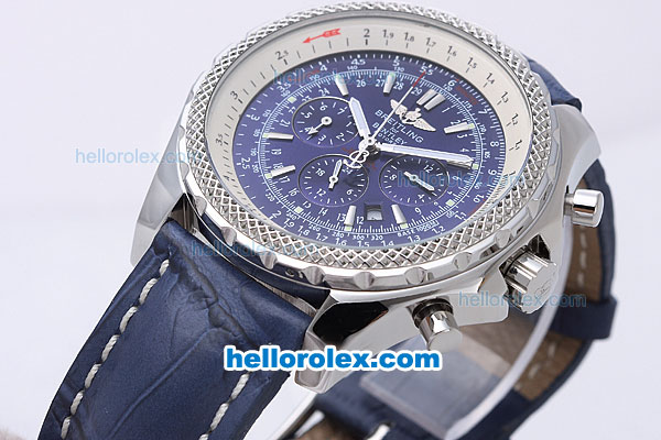Breitling for Bentley Motors Chronograph Automatic with Blue Dial and White Bezel-Blue Leather Strap - Click Image to Close