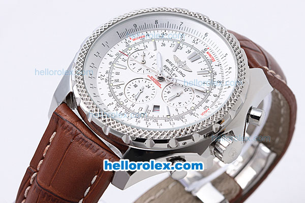 Breitling for Bentley Motors Chronograph Automatic with White Dial and White Bezel-Brown Leather Strap - Click Image to Close
