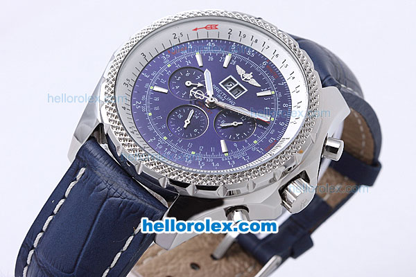 Breitling Bentley Motors Automatic with Blue Dial and White Bezel-Blue Leather Strap - Click Image to Close