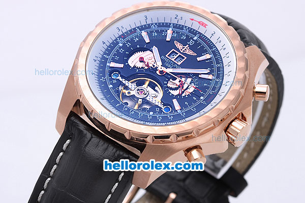 Breitling for Bentley Motors Tourbillion Skeleton Automatic with Blue Dial and Gold Case,Black Leather Strap-Big Calendar - Click Image to Close