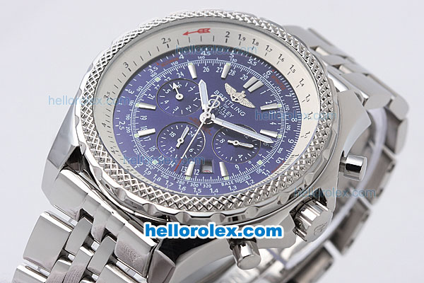 Breitling Bentley Small Date Automatic Movement Silver Case with Blue Dial and Honeycomb Bezel-SS Strap - Click Image to Close