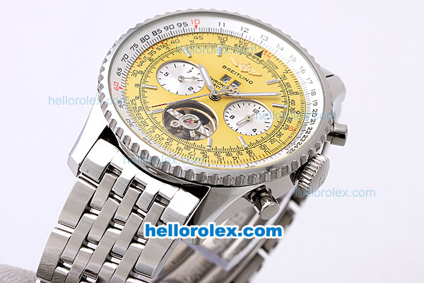 Breitling Navitimer Tourbillon Automatic Movement with Yellow Dial and White Subdials-SS Strap - Click Image to Close