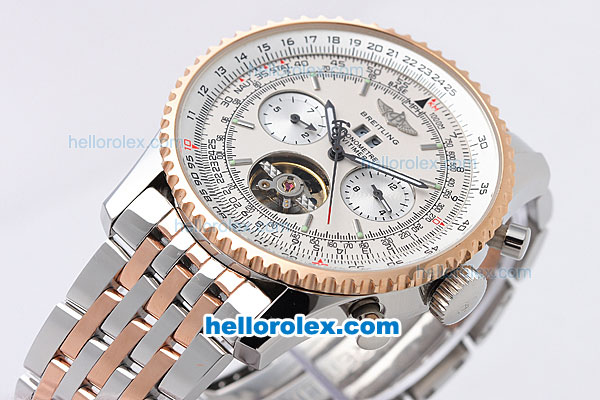 Breitling Navitimer Tourbillon Automatic Movement Rose Gold Bezel with White Dial and Stick Marker-Two Tone Strap - Click Image to Close