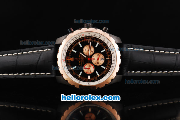 Breitling Chrono-Matic Chronograph Quartz Movement PVD Case with Black Dial and RG Subdials/Bezel-Black Leather Strap - Click Image to Close