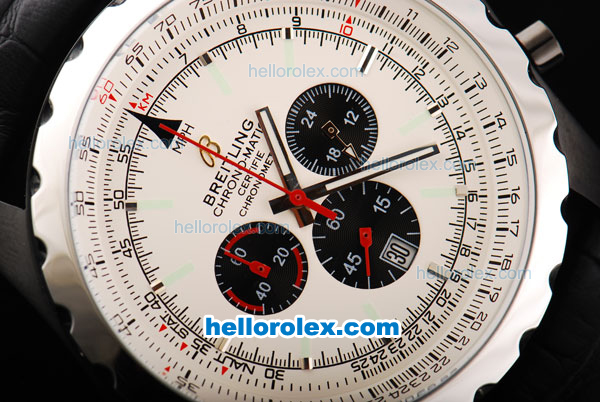 Breitling Chrono-Matic Chronograph Quartz Movement PVD Case with White Dial and Black Subdials-Black Leather Strap - Click Image to Close