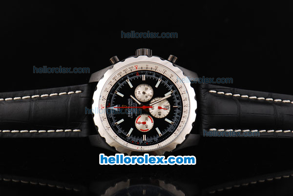 Breitling Chrono-Matic Chronograph Quartz Movement PVD Case with Black Dial and Silver Subdials-Black Leather Strap - Click Image to Close