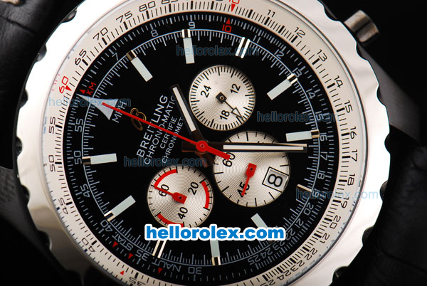 Breitling Chrono-Matic Chronograph Quartz Movement PVD Case with Black Dial and Silver Subdials-Black Leather Strap - Click Image to Close