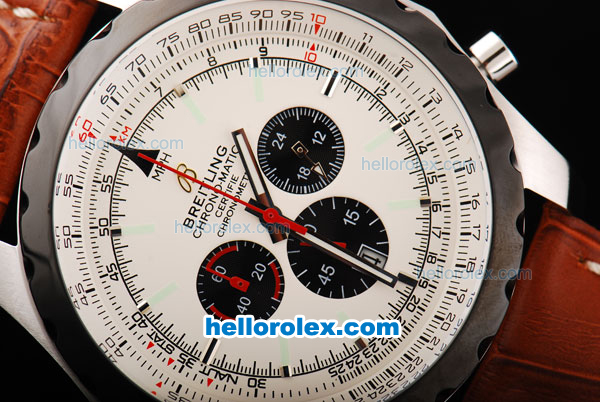 Breitling Chrono-Matic Chronograph Quartz Movement PVD Bezel with White Dial and Black Subdials-Brown Leather Strap - Click Image to Close