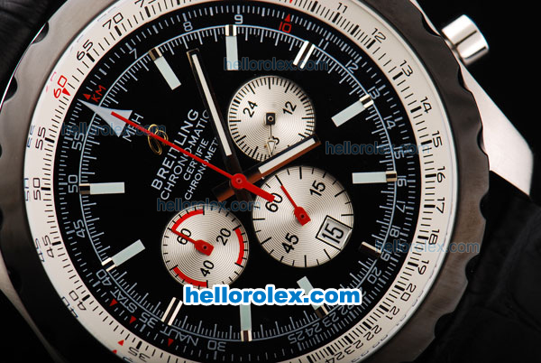 Breitling Chrono-Matic Chronograph Quartz Movement PVD Bezel with Black Dial and Silver Subdials-Black Leather Strap - Click Image to Close