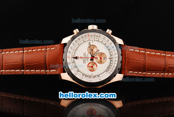 Breitling Chrono-Matic Chronograph Quartz Movement PVD Bezel with White Dial and RG Case/Subdials-Brown Leather Strap - Click Image to Close