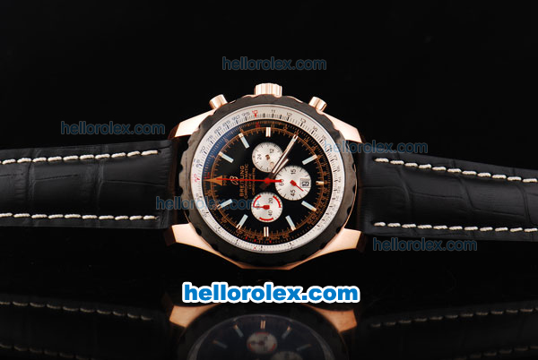 Breitling Chrono-Matic Chronograph Quartz Movement PVD Bezel with Black Dial and RG Case/Silver Subdials-Black Leather Strap - Click Image to Close