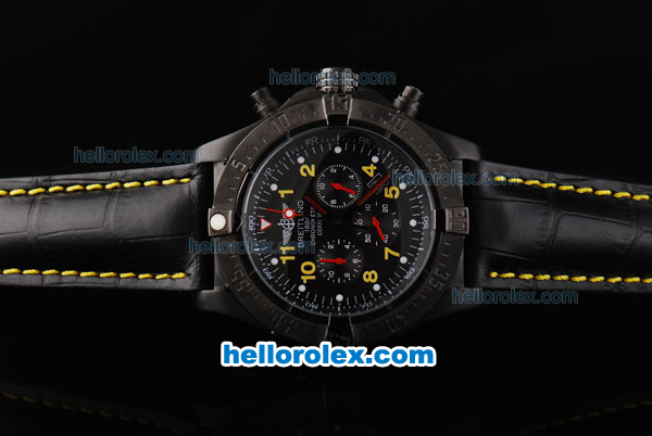 Breitling Avenger Chronograph Quartz Movement PVD Case with Black Dial and Yellow Numeral Marker-Black Leather Strap - Click Image to Close