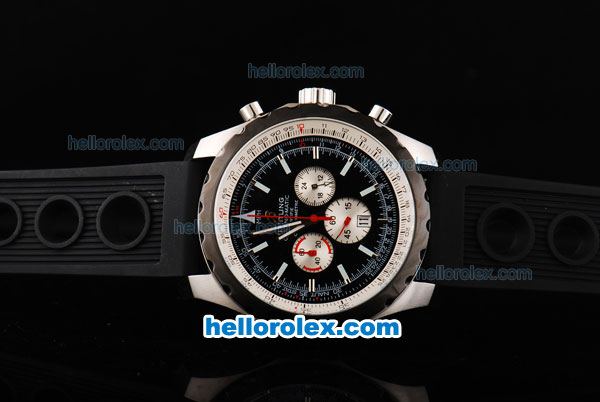 Breitling Chrono-Matic Chronograph Quartz Movement PVD Bezel-Stick Markers with Black Dial and Silver Subdials-Black Rubber Strap - Click Image to Close