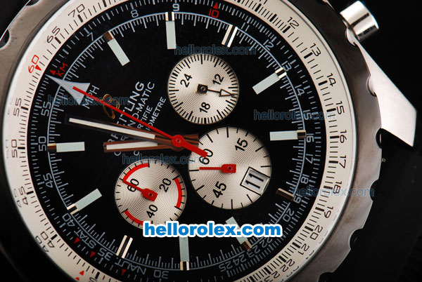 Breitling Chrono-Matic Chronograph Quartz Movement PVD Bezel-Stick Markers with Black Dial and Silver Subdials-Black Rubber Strap - Click Image to Close