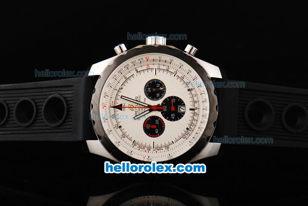 Breitling Chrono-Matic Chronograph Quartz Movement PVD Bezel-Stick Markers with White Dial and Black Subdials-Black Rubber Strap - Click Image to Close