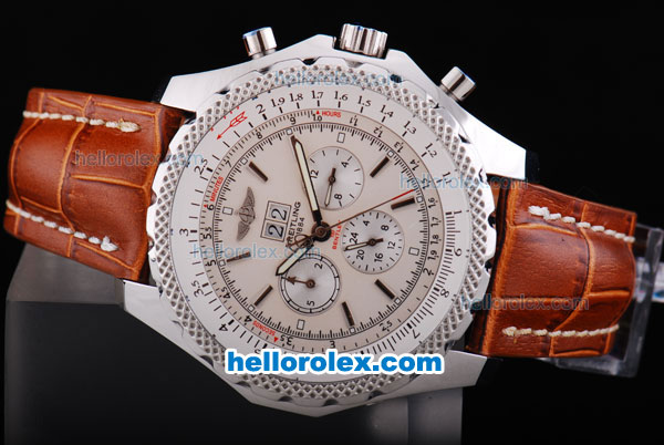 Breitling for Bentley Motors Automatic Movement Silver Case with Beige Dial and Brown Leather Strap - Click Image to Close
