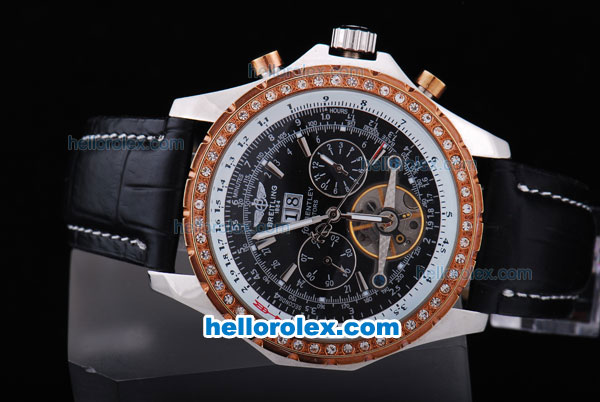 Breitling for Bentley Tourbillon Automatic Silver Case with Rose Gold Bezel-Black Dial and Black Leather strap - Click Image to Close