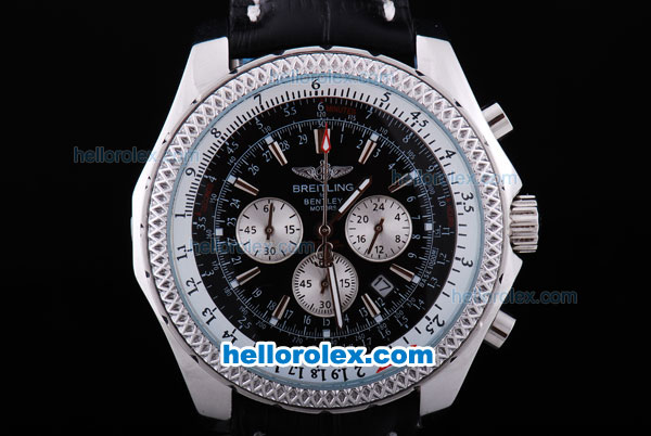 Breitling for Bentley Motors Miyota Chronograph Quartz Movement SS Case with Black Dial and Black Leather Strap - Click Image to Close