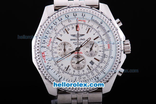 Breitling for Bentley Motors Chronograph Quartz Movement Full Steel with White Dial and Silver Stick Marker - Click Image to Close