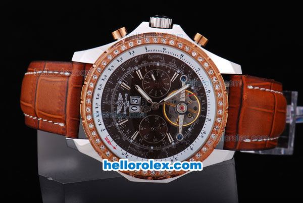 Breitling for Bentley Tourbillon Automatic Silver Case with Rose Gold Bezel-Black Dial and Brown Leather Strap - Click Image to Close